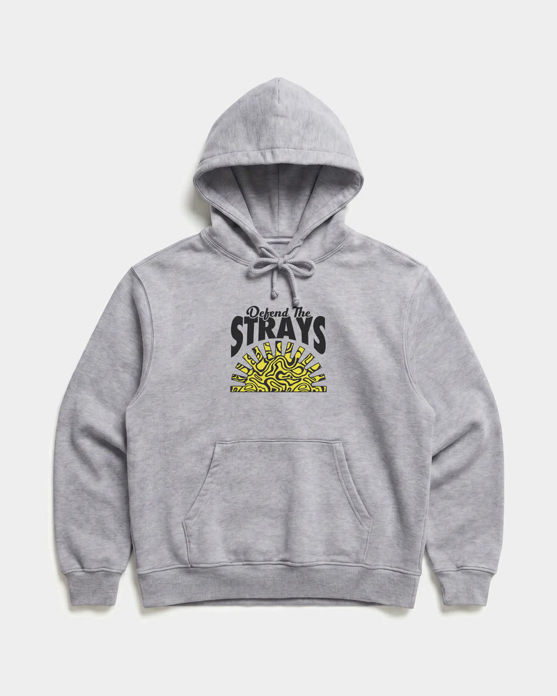 Defend The Strays Hoodie in Grey Heather — shelter dog hoodie from Stray Project. Every purchase funds shelter dog meals.