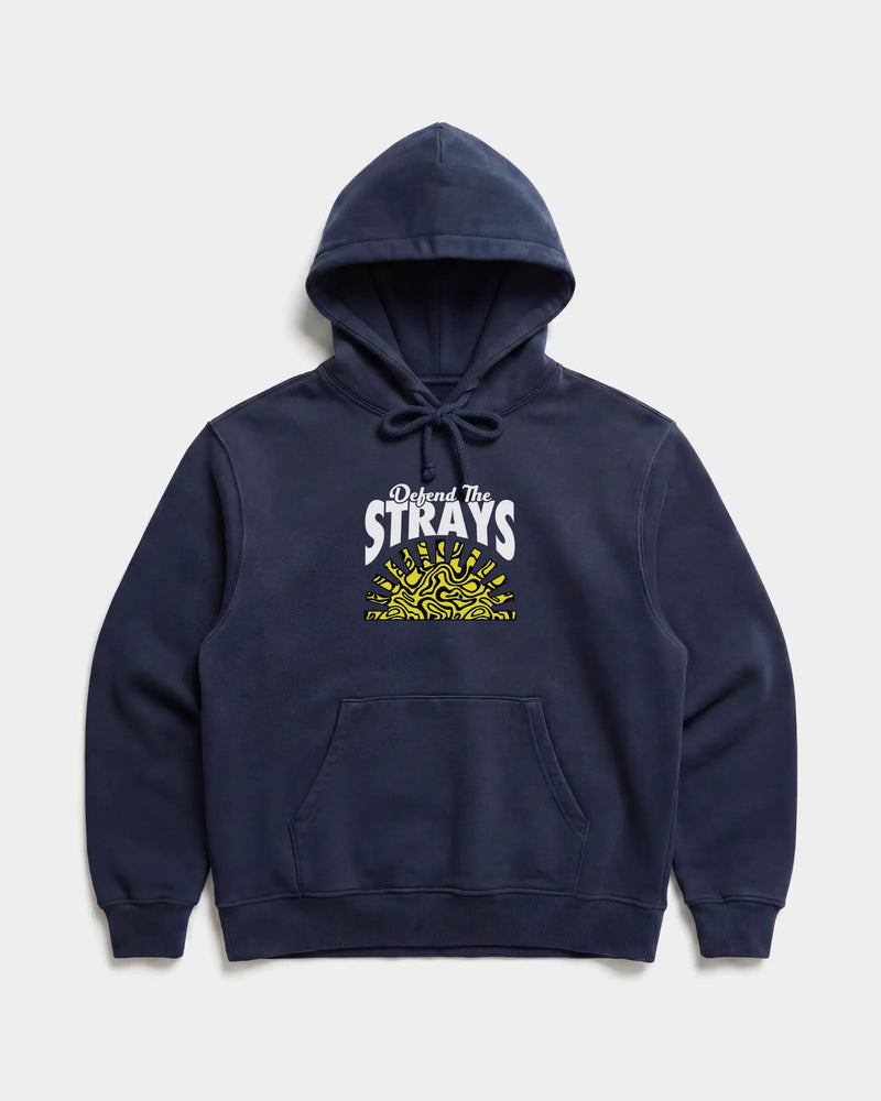 Defend The Strays Hoodie in Navy — shelter dog hoodie from Stray Project. Every purchase funds shelter dog meals.