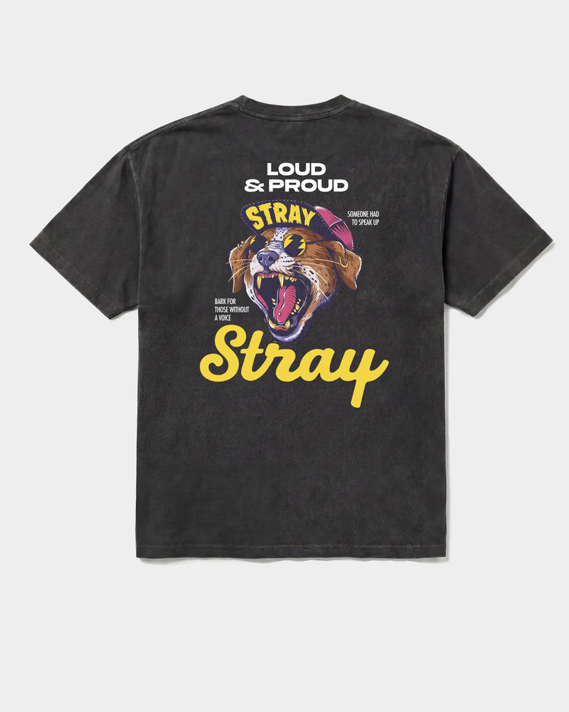 Loud & Proud Tee in Black — rescue dog tee from Stray Project. Every purchase funds shelter dog meals.
