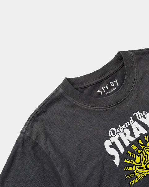 Defend The Strays Tee detail — rescue dog tee that funds shelter meals · Stray Project