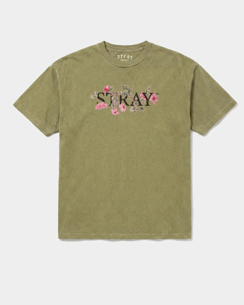 Inspire Flower Tee in Olive Green — rescue dog tee from Stray Project. Every purchase funds shelter dog meals.