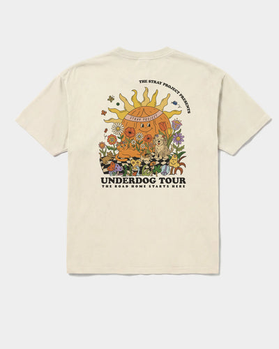 Underdog Tour Tee in Off-White — rescue dog tee from Stray Project. Every purchase funds shelter dog meals.