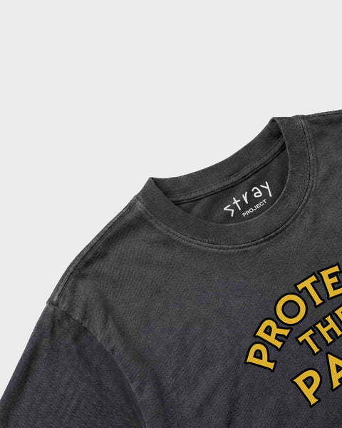 Person wearing Protect The Pack rescue dog tee — Stray Project apparel that funds shelter meals through every purchase
