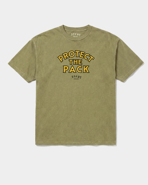 Protect The Pack rescue dog tee in olive green — garment-dyed cotton tee supporting shelter dogs · Stray Project apparel