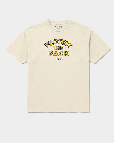 Protect The Pack rescue dog tee in off-white — cream colorway with dark ink chest print · Stray Project shelter dog apparel
