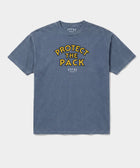 Protect The Pack rescue dog tee in navy — heavy 6.0 oz cotton, fair trade, every purchase funds 20 meals · Stray Project