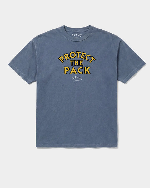 Protect The Pack rescue dog tee in navy — heavy 6.0 oz cotton, fair trade, every purchase funds 20 meals · Stray Project