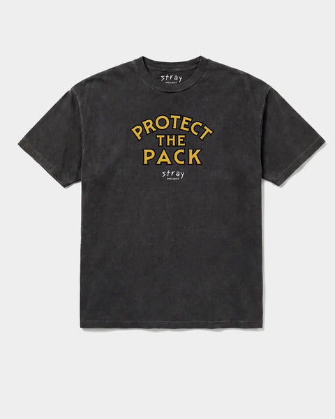 Protect The Pack rescue dog tee in black — unisex cotton tee with chest print, every purchase funds 20 meals for shelter dogs · Stray Project