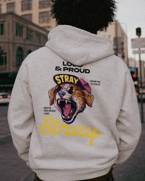 Loud & Proud Hoodie detail — shelter dog hoodie that funds shelter meals · Stray Project