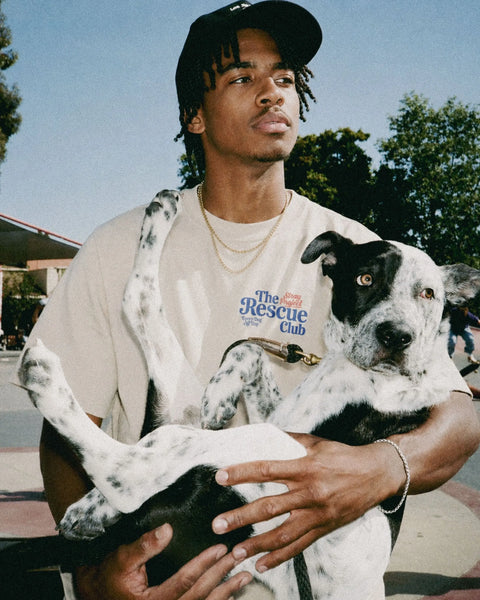 The Rescue Club Tee detail — rescue dog tee that funds shelter meals · Stray Project