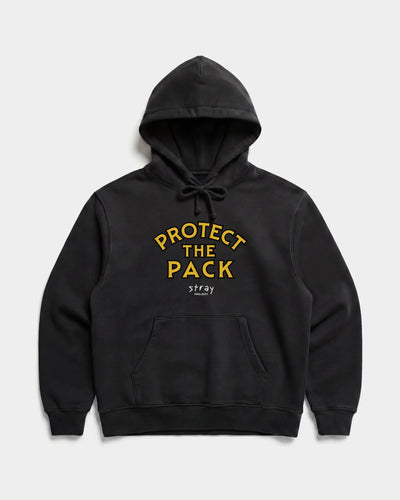 Protect The Pack Hoodie in Black — shelter dog hoodie from Stray Project. Every purchase funds shelter dog meals.