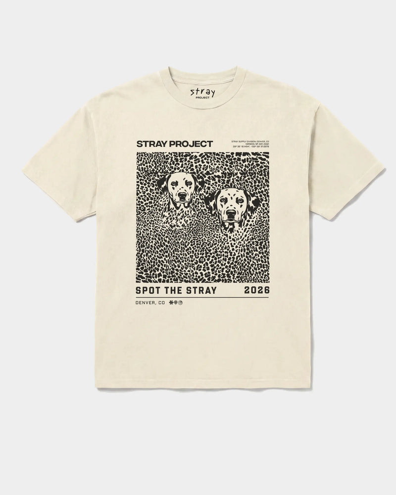 Spot The Stray Tee — rescue dog tee from Stray Project. Every purchase funds shelter dog meals.