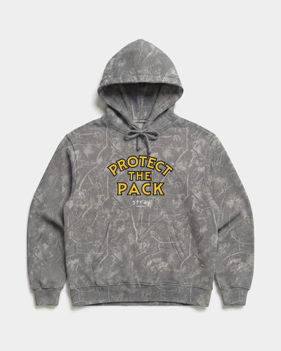Protect The Pack Hoodie in Deadwood Camo — shelter dog hoodie from Stray Project. Every purchase funds shelter dog meals.