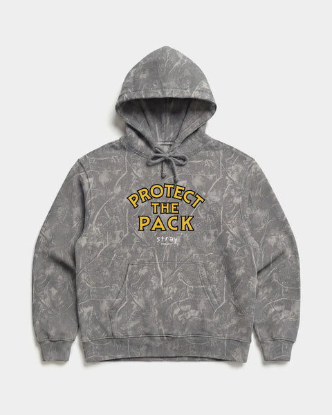 Protect The Pack Hoodie in Deadwood Camo — shelter dog hoodie from Stray Project. Every purchase funds shelter dog meals.