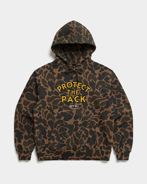 Protect The Pack Hoodie in Duck Camo — shelter dog hoodie from Stray Project. Every purchase funds shelter dog meals.
