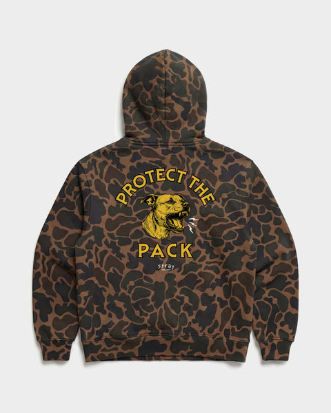 Protect The Pack Hoodie back design — supporting shelter dog rescue · Stray Project