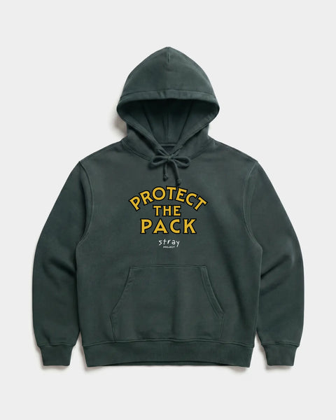 Protect The Pack Hoodie in Alpine Green — shelter dog hoodie from Stray Project. Every purchase funds shelter dog meals.