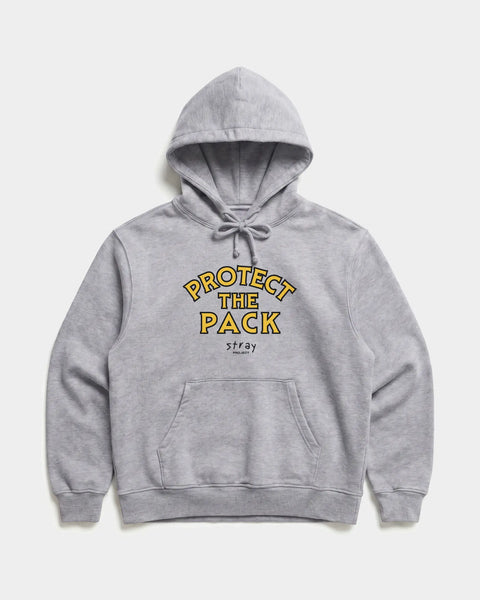 Protect The Pack Hoodie in Grey Heather — shelter dog hoodie from Stray Project. Every purchase funds shelter dog meals.