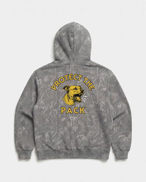 Protect The Pack camo hoodie laid flat, showing full front graphic detail