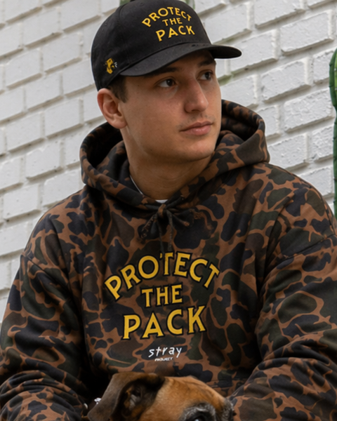 Protect The Pack Hat detail — dog lover hat that funds shelter meals · Stray Project