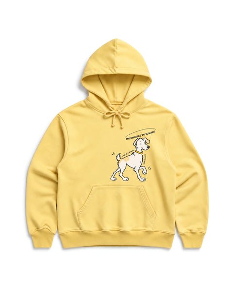 A Lot to Love Hoodie in Light Yellow, front view with offset dog artwork