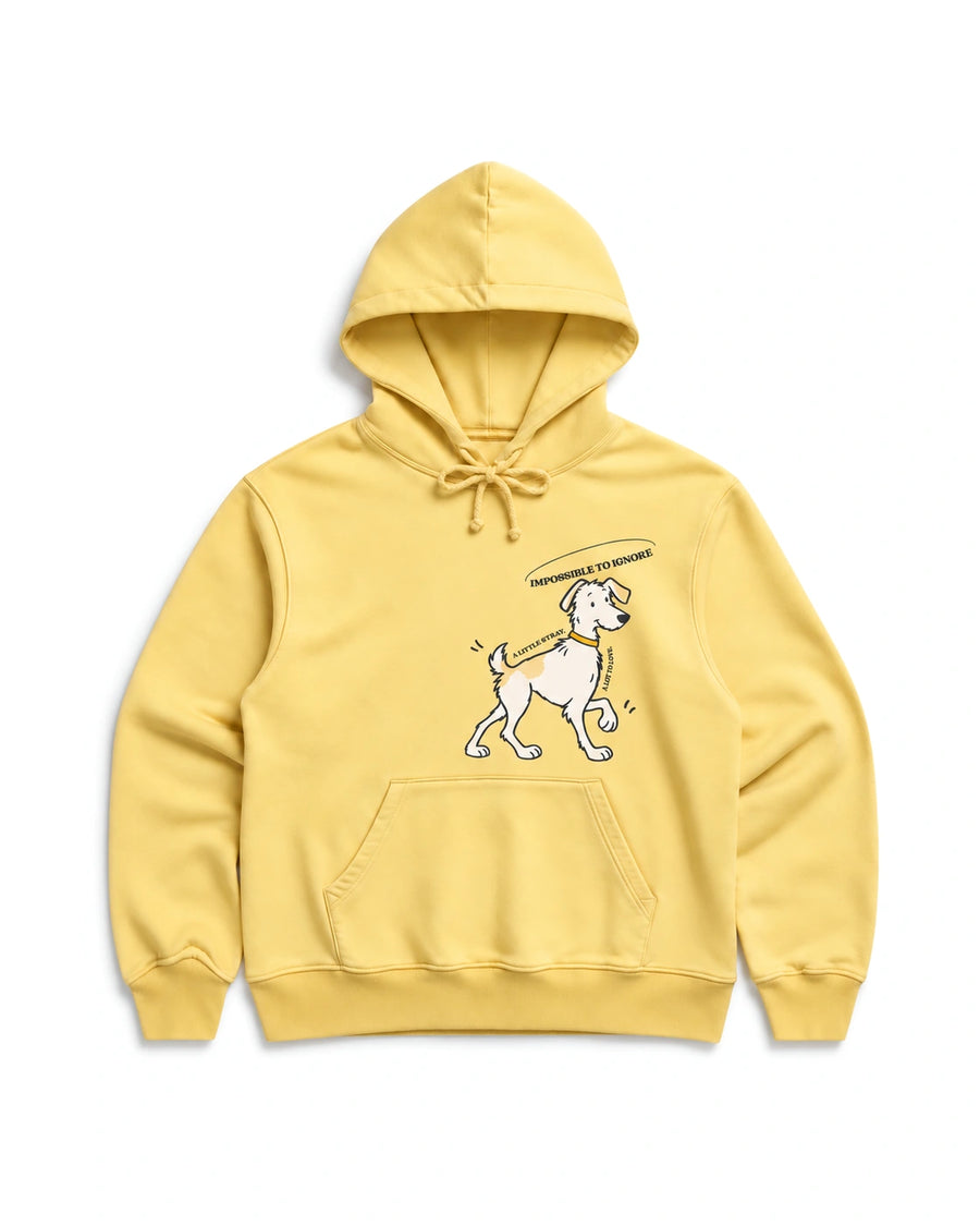 A Lot to Love Hoodie in Light Yellow, front view with offset dog artwork