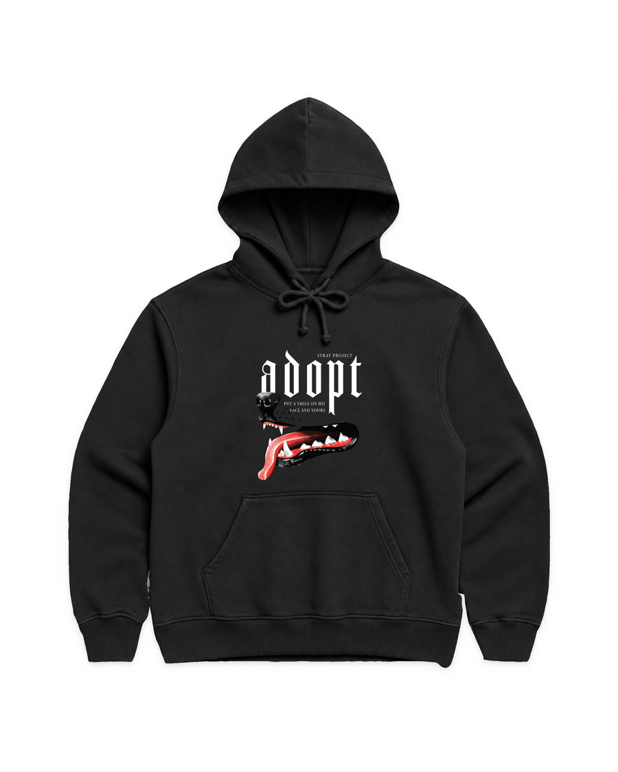 Adopt Hoodie in Black, front view — Stray × Rare Breed