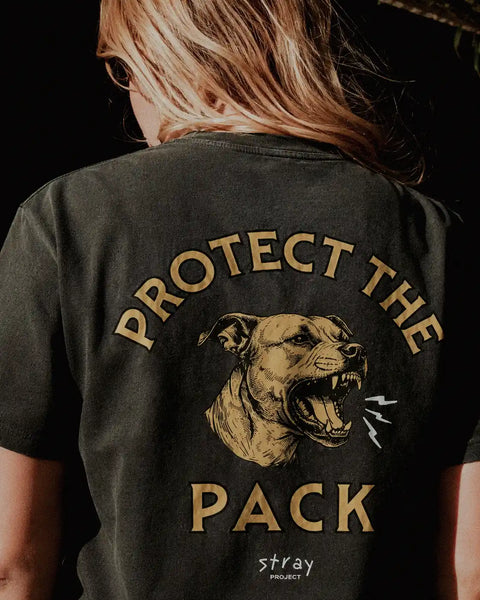 Protect The Pack rescue dog tee styled outdoors — Stray Project ethical apparel benefiting dog shelters and adoption programs
