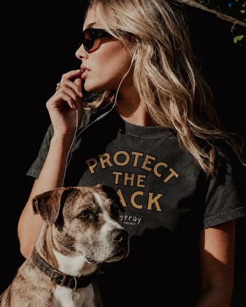 Stray Project Protect The Pack tee lifestyle shot — supporting rescue dogs and shelter adoption with every cotton tee sold