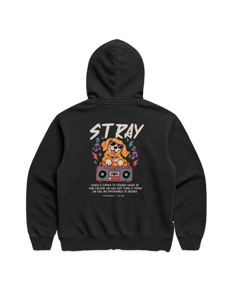 Max Volume Hoodie in Black, back view — Stray Project