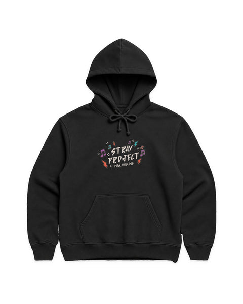 Max Volume Hoodie in Black, front view — Stray Project