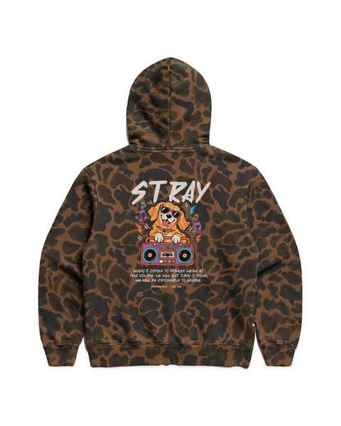 Max Volume Hoodie in Duck Camo, back view — Stray Project