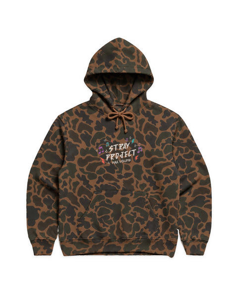 Max Volume Hoodie in Duck Camo, front view — Stray Project