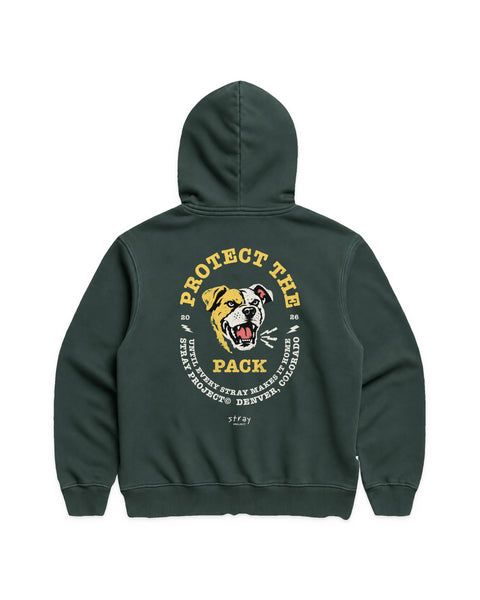 Protect the Pack 2.0 Hoodie in Alpine Green, back view — Stray Project