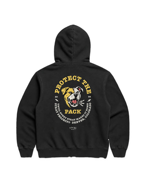 Protect the Pack 2.0 Hoodie in Black, back view — Stray Project