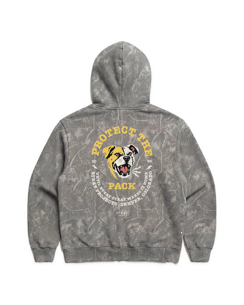 Protect the Pack 2.0 Hoodie in Deadwood Camo, back view — Stray Project