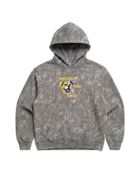 Protect the Pack 2.0 Hoodie in Deadwood Camo, front view — Stray Project