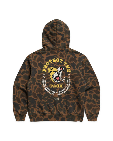 Protect the Pack 2.0 Hoodie in Duck Camo, back view — Stray Project