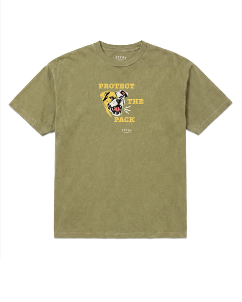 Protect the Pack 2.0 Tee in Olive Green, front view — Stray Project