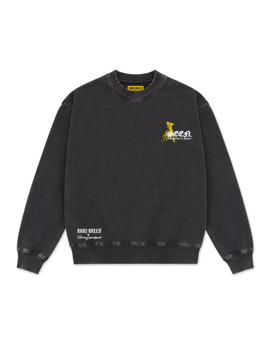 SEEN Crewneck in Vintage Black, front view — Stray × Rare Breed