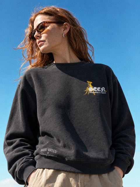 SEEN Crewneck in Vintage Black, front chest and collaboration prints worn against a blue sky — Stray × Rare Breed