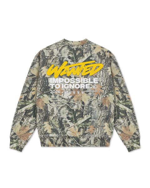 WANTED Crewneck in Vintage Wood Camo, back view — Stray × Rare Breed