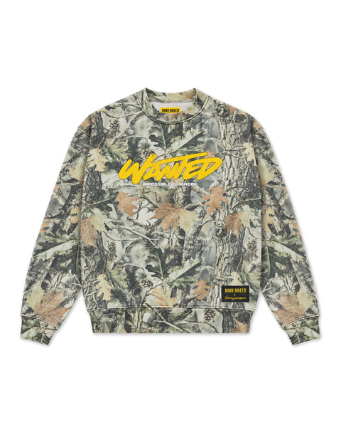 WANTED Crewneck in Vintage Wood Camo, front view — Stray × Rare Breed